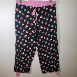 Sanrio Hello Kitty M Hearts Capri Pajama Bottoms Black Drawstring